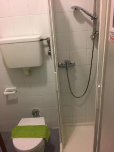 加尔达湖滨LAKE & CASTLE VIEW apartment的带淋浴和卫生间及绿毛巾的浴室