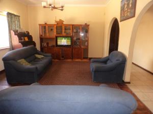 鲸湾港Namibia Skipper Services的客厅配有2把蓝色椅子和电视