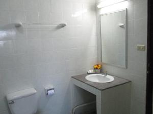合艾曼通家庭套房合艾公寓的一间带水槽、卫生间和镜子的浴室