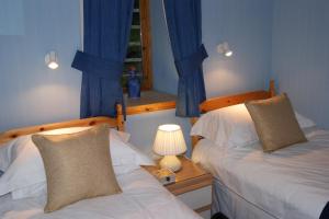 卢斯舍伽同农场小屋的一间卧室设有两张床,窗户配有蓝色窗帘