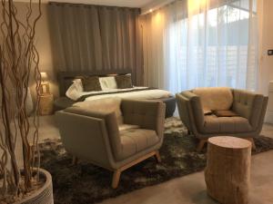 卡尔卡松阁楼SPA - 科特泰堡公寓的客厅配有两把椅子和一张床