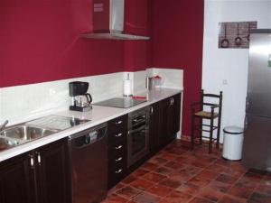 贝尔蒙特Casa Rural Descanso del Quijote的厨房设有红色的墙壁、水槽和冰箱