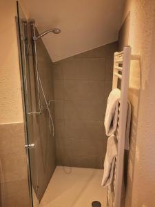 伍珀塔尔伍珀塔尔街边汽车旅馆的带淋浴的浴室,配有毛巾架