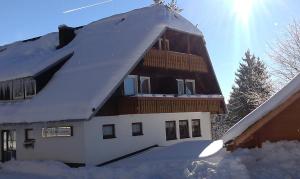 蒂蒂湖-新城Schwarzwaldgasthaus Salenhof的雪覆盖的房子,后面有太阳