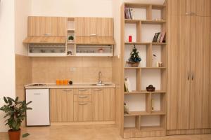 尼克希奇Apartments Matijašević的一个带木制橱柜和水槽的厨房