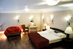 德鲁斯基宁凯塞纳西斯帕斯塔斯旅馆的一间卧室配有一张床、一把椅子和镜子