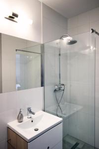 弗罗茨瓦夫Apartament nad Odrą的白色的浴室设有水槽和淋浴。