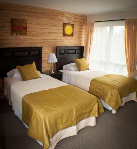 科伊艾科Madero Aysen ApartHotel的酒店客房设有两张床和窗户。