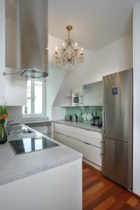 萨尔茨堡仙境公寓的厨房配有不锈钢冰箱和吊灯。