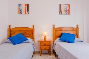科尼尔-德拉弗龙特拉Apartamentos Carril de la Fuente的卧室内的两张床,配有蓝色枕头和灯