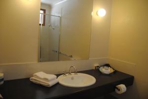 汉密尔顿Grange Burn Motel的一间带水槽、淋浴和镜子的浴室