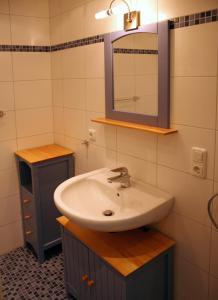 伯尔格伦德-雷特维施Apartment Strandkate Wohnung Strandhafer的一间带水槽和镜子的浴室