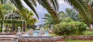 ImkerhofOuhave Country Home的棕榈树庭院内一个带两把椅子的游泳池