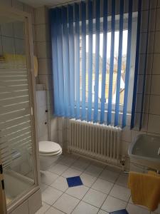 鲍纳塔尔布纳塔斯塔德特酒店的一间带卫生间的浴室和一个带蓝色窗帘的窗户。