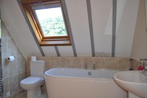 BucknellThe School House B & B的带浴缸、卫生间和窗户的浴室