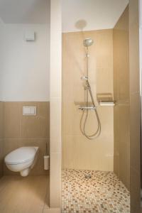 格赖夫斯瓦尔德Hanse-City-Boardinghouse的带淋浴、卫生间和淋浴的浴室