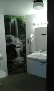 萨尔皮卡萨利亚酒店的浴室设有水槽,墙上挂有瀑布画