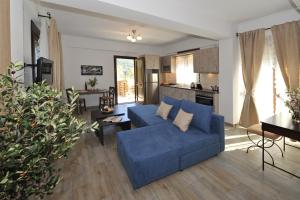 RachesOlivia Villas的一间带蓝色沙发的客厅和一间厨房