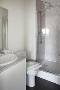 卡迪夫卡迪夫康帕斯柑橘酒店的浴室配有卫生间、盥洗盆和淋浴。