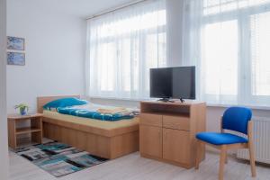 科希策ŠD Urbánkova 2的一间卧室配有一张床、一台电视和一把椅子
