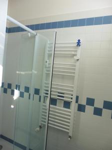 乌迪内Ichnussa的浴室设有玻璃淋浴间,铺有蓝色和白色的瓷砖