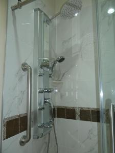 休斯顿Americas Best Value Inn & Suites - Houston/Hwy 6 & Westpark的带淋浴的浴室,带玻璃门