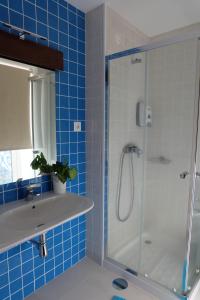 蓬塔德尔加达阿尔西德斯酒店的蓝色瓷砖浴室配有淋浴和盥洗盆