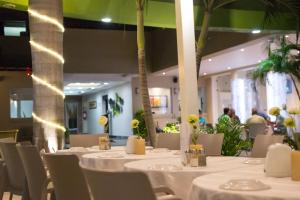 拉萨罗卡德纳斯Hotel de Casa Blanca的一间设有白色桌椅的用餐室,并种植了棕榈树