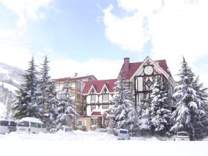 白马村罗森海姆哈库巴酒店的一座大建筑,上面有雪上的钟
