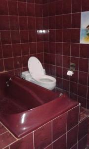 登巴萨巴厘岛瑞提旅舍的一间带卫生间和红色浴缸的浴室