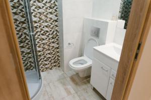 伊诺弗罗茨瓦夫Solankowy Apartament的浴室配有卫生间、淋浴和盥洗盆。