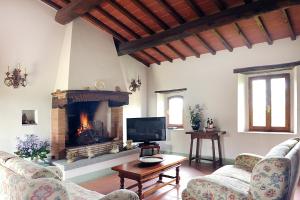 布奇内Fattoria Casabianca的客厅设有壁炉和电视。
