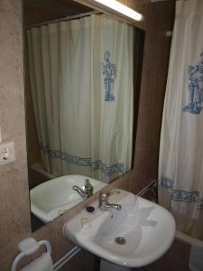 萨拉戈萨Hostal San Jorge的一间带水槽和淋浴帘的浴室