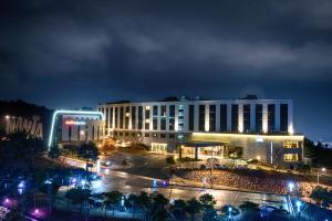 济州市济州乱打酒店的一座在晚上有灯的大建筑