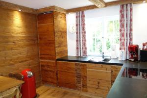 奥伯斯特多夫Haus Iris的厨房设有木墙和台面