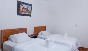 马丘比丘塔雅塔宾馆的一间设有两张床的客房,墙上挂着一张照片