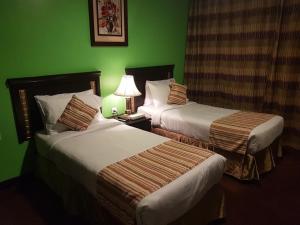 开罗城市酒店的绿墙旅馆客房的两张床