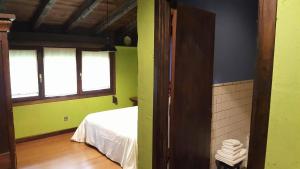 埃利松多Hostal Itzalargikoborda的客房设有一张带绿色墙壁和窗户的床。