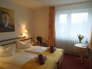 巴特法灵博斯特尔施海根酒店的酒店客房设有两张床和窗户。