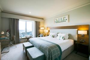 波特马诺克Portmarnock Resort & Jameson Golf Links的一间设有大床和窗户的酒店客房