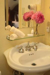 布洛英罗克山山风吹岩旅馆的浴室水槽,配有粉红色的鲜花和镜子