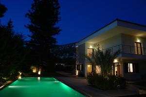 萨罗尼扎Villa Saronida的夜间在房子前面的游泳池