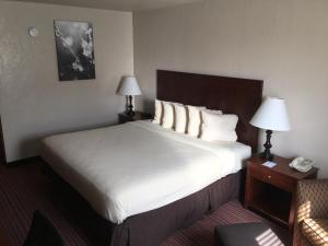 加斯里Territorial Inn Guthrie Oklahoma的酒店客房配有一张带白色床单和枕头的大床。