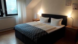 摩泽尔河畔的泽尔绿色世界旅馆的一间卧室配有一张带两盏灯的床和一扇窗户。