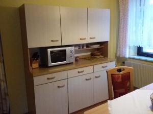 安娜贝格-布赫霍尔茨Ferienwohnung Christine Nestler的厨房配有白色橱柜和台面上的微波炉