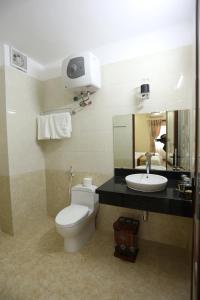 河江河江皇家酒店的一间带卫生间、水槽和镜子的浴室