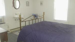 普廷贝Aunt Jane's Yellow House的一间卧室配有一张带紫色床单和镜子的床