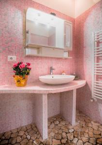 维泰博The Jujube Flower的粉红色的瓷砖浴室设有水槽和镜子