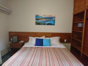 伊利亚贝拉Galápagos ApartHotel的卧室内的一张带两个蓝色枕头的床