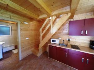 博登斯多夫Ferienhaus Blasge的小木屋内的厨房设有木墙